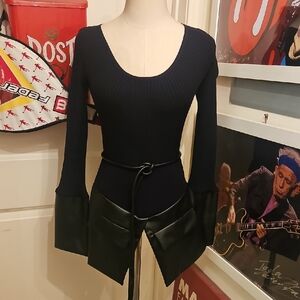 Elegant Black Sweater With PU Leather